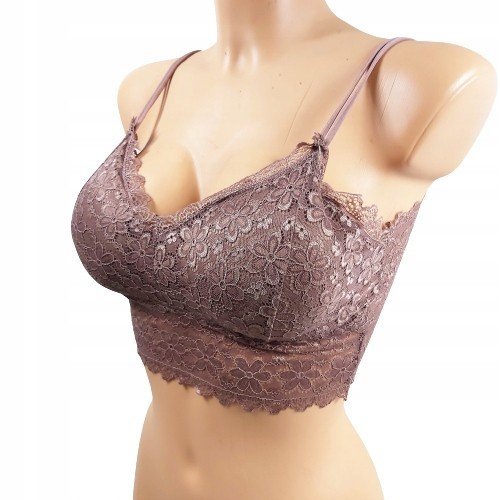 Bralet Koronkowy Biustonosz Crop Top Z Wkładkami Brązowy