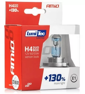 AMIO Żarówki halogenowe Amio LumiTec Limited H4 12V 60/55W +130% więcej światła do 40 metrów dłuższa wiązka xenon look 4300K) S32-9129 - Żarówki samochodowe - miniaturka - grafika 1