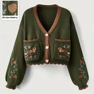 Swetry damskie - TEMU Elegancki Sweter-Płaszcz dla Kobiet z Motywem Jelenia i Leśnej Zieleni – Ciepło na Jesienno-Zimowe Dni, Brązowy Przedniego Otworu, Falbanka w - miniaturka - grafika 1