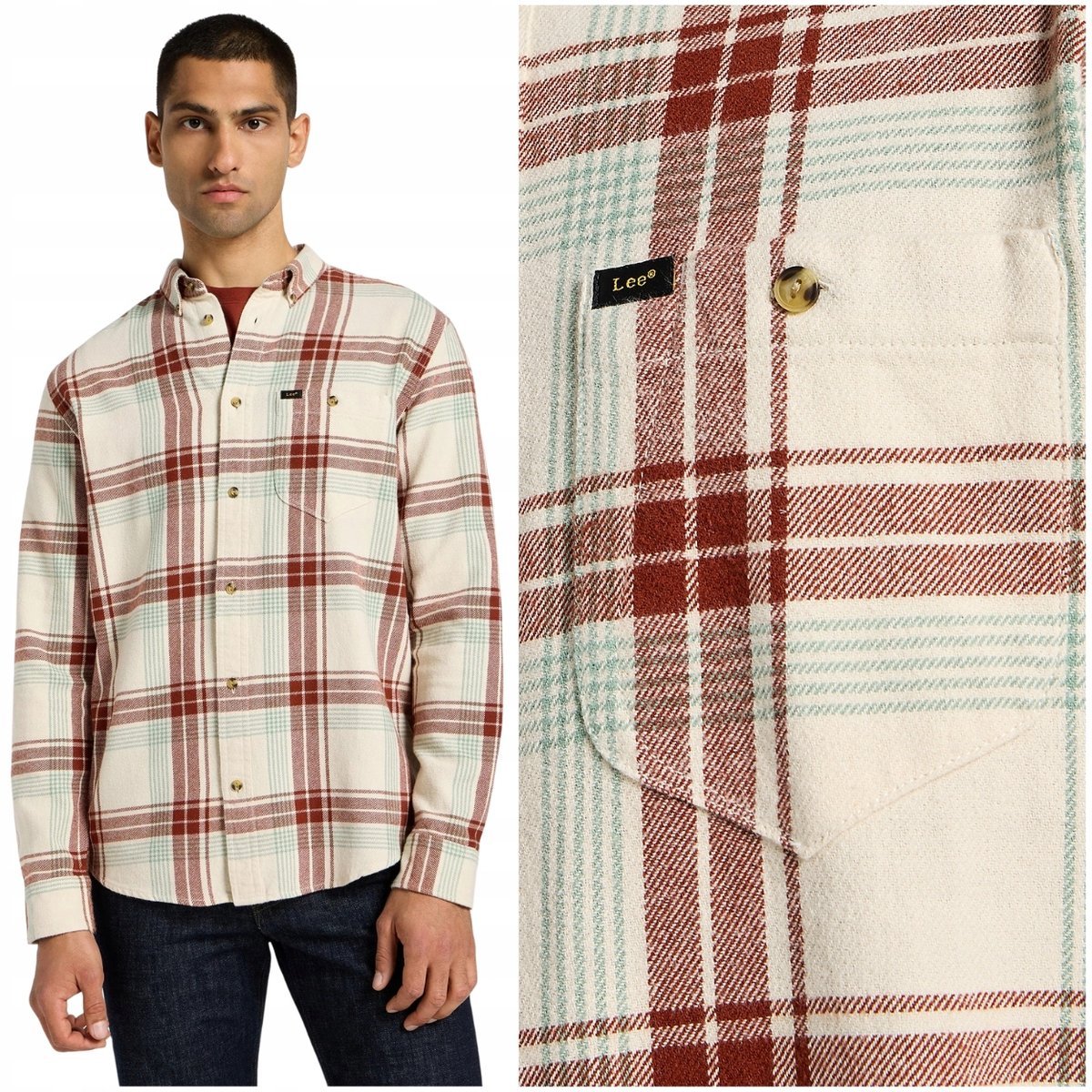 Lee RIVETED SHIRT Ecru luźna mięsista bawełniana koszula w kratę flanela S