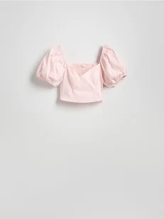 Reserved - Krótka bluzka z bufiastymi rękawami - pastelowy róż - Bluzki damskie - miniaturka - grafika 1