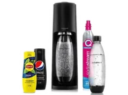 Saturator SODASTREAM Terra Black + nabój CO2 różowy 2 butelki Fuse 1l syropy (Pepsi, Lipton) Czarny