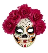 Stroje karnawałowe - WIDMANN Ladies White/Red Day of the Dead Half Face Mask w/Roses Halloween sukni Accessory - miniaturka - grafika 1