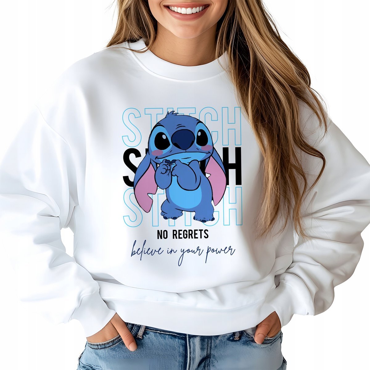 Bluza Biała Damska STITCH NO REGRETS Lilo i Stich Na Prezent Wzory Rozm M