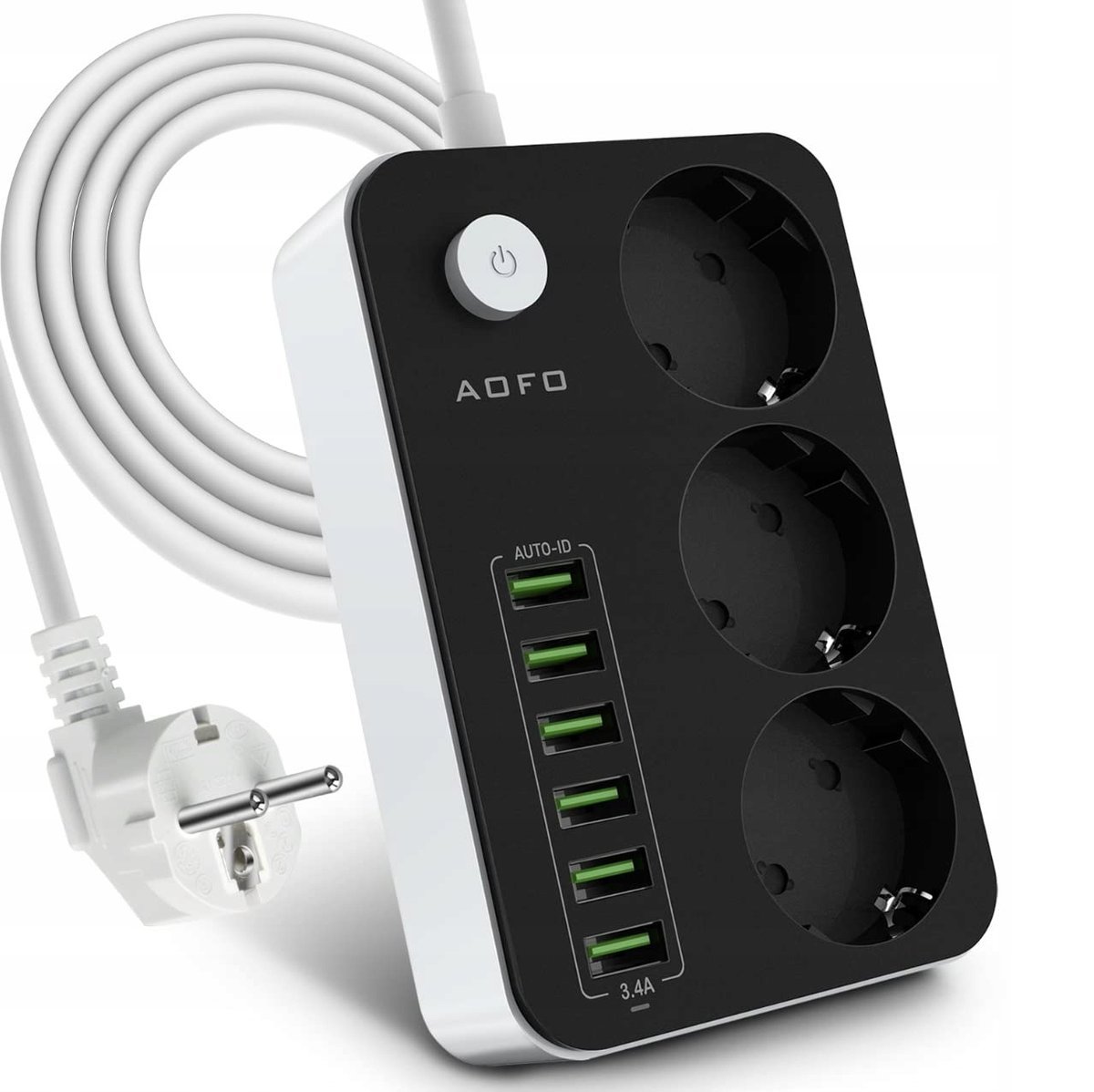 Adapter Aofo 3 gniazda + 6 USB 2500W 1,6m kabel
