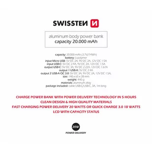 SWISSTEN, Powerbank, ALUMINUM, Li-Pol, 5/9/12V, do ładowania telefonów i innych urządzeń, 22013916, 20000mAh, microUSB, 2x USB-A, - Powerbanki - miniaturka - grafika 3