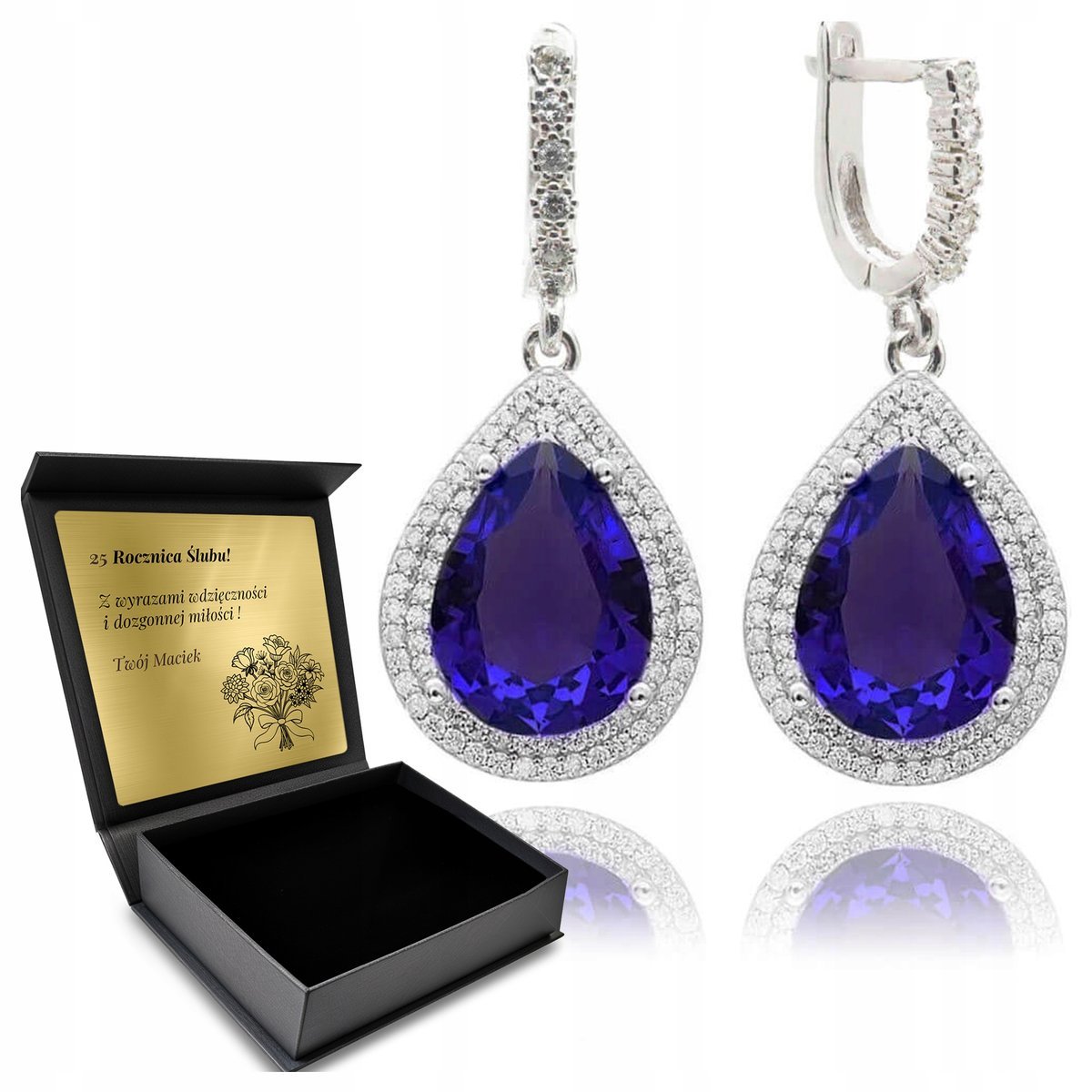 Kolczyki Srebrne 925 Cyrkonie I Szafir Biżuteria Dla Kobiety + Grawer