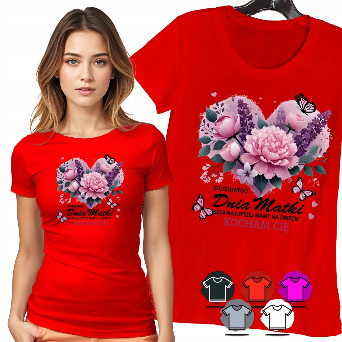 KOSZULKA DAMSKA T-SHIRT - SZCZĘŚLIWEGO DNIA MATKI RÓŻOWE KWIATY WZÓR - XL
