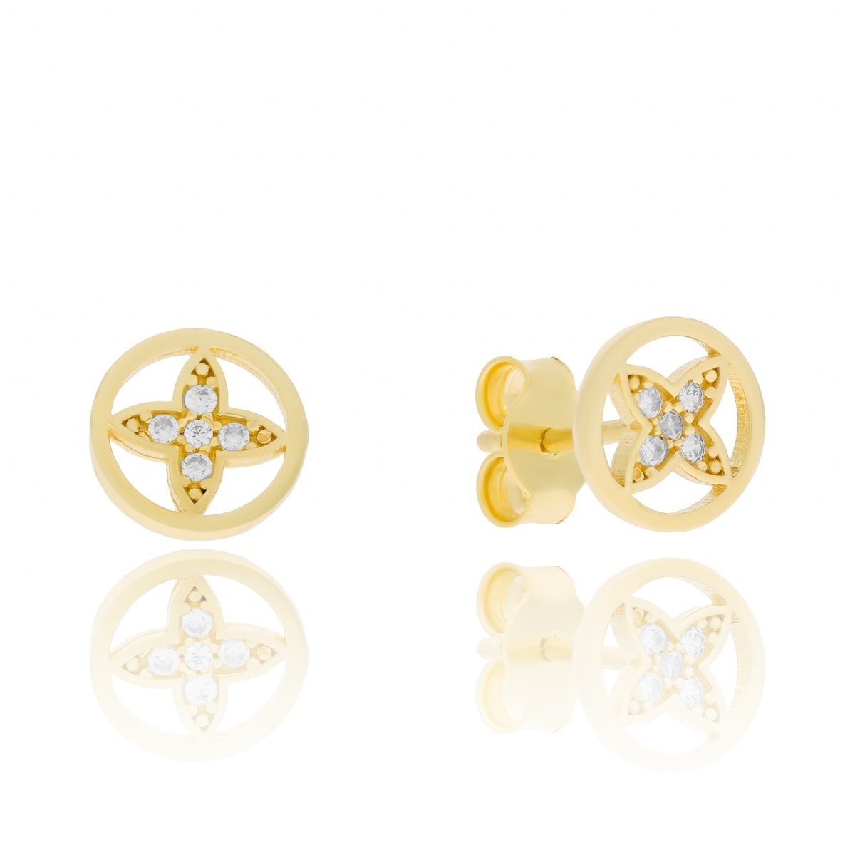Złote kolczyki kwiatek w kółku z cyrkoniami sztyfty pr. 333