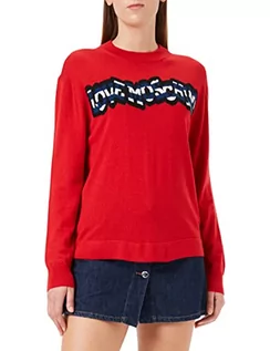 Swetry damskie - Love Moschino Damski sweter o regularnym kroju z długim rękawem z prążkowanym logo, czerwony, 46 - grafika 1