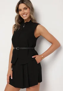 Czarny Wiskozowy Komplet Spódnico-Spodenki z Kieszeniami Bluzka ze Szlufkami z Paskiem Mavireina - Komplety damskie - miniaturka - grafika 1