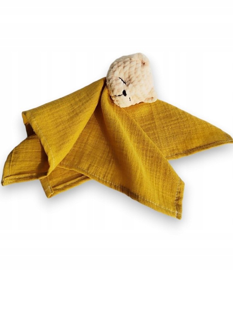 Pierwsza Przytulanka niemowlaka szmatka 30x30cm muslinowa MusztardowaMikaGift