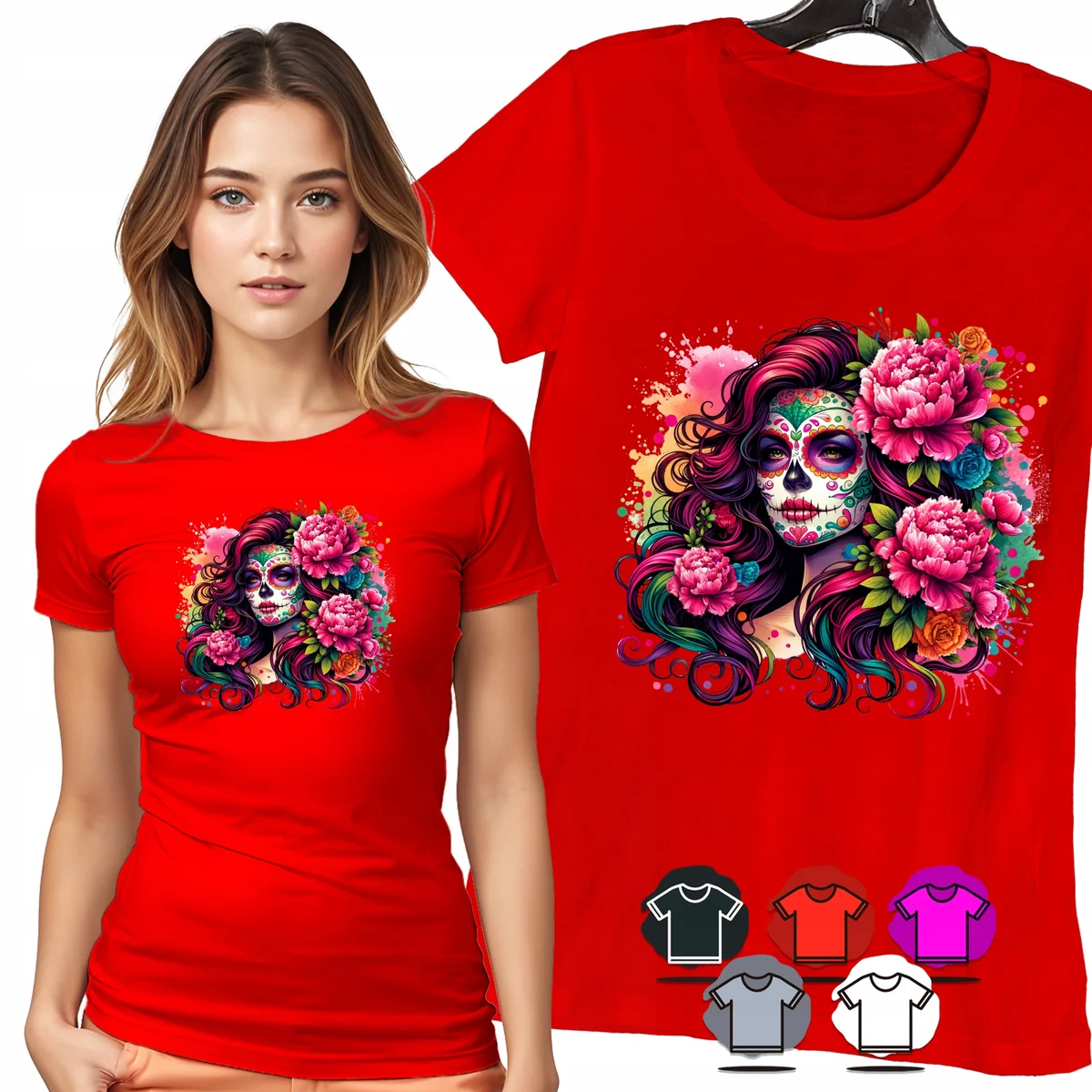 KOSZULKA DAMSKA T-SHIRT - SANTA MUERTE KWIATY RÓŻOWE PORTRET DAMSKI - M
