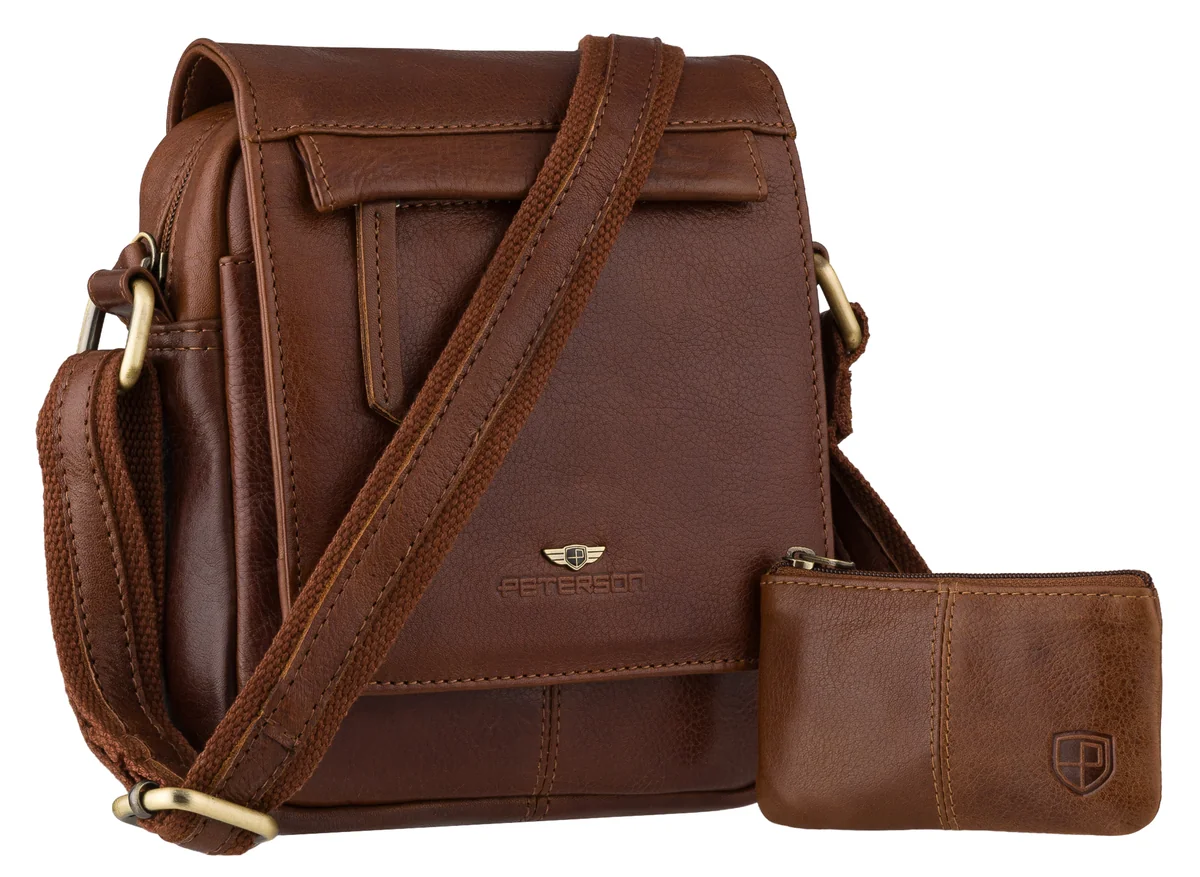 Brązowa listonoszka męska PETERSON skórzana na ramię elegancka saszetka z etui