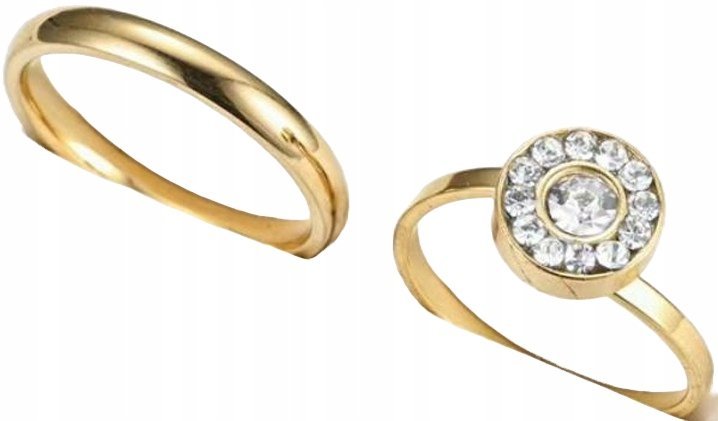 Zestaw Dwóch Złotych Pierścionków Brylanty Cyrkonie Kwiat Stal Szlachetna