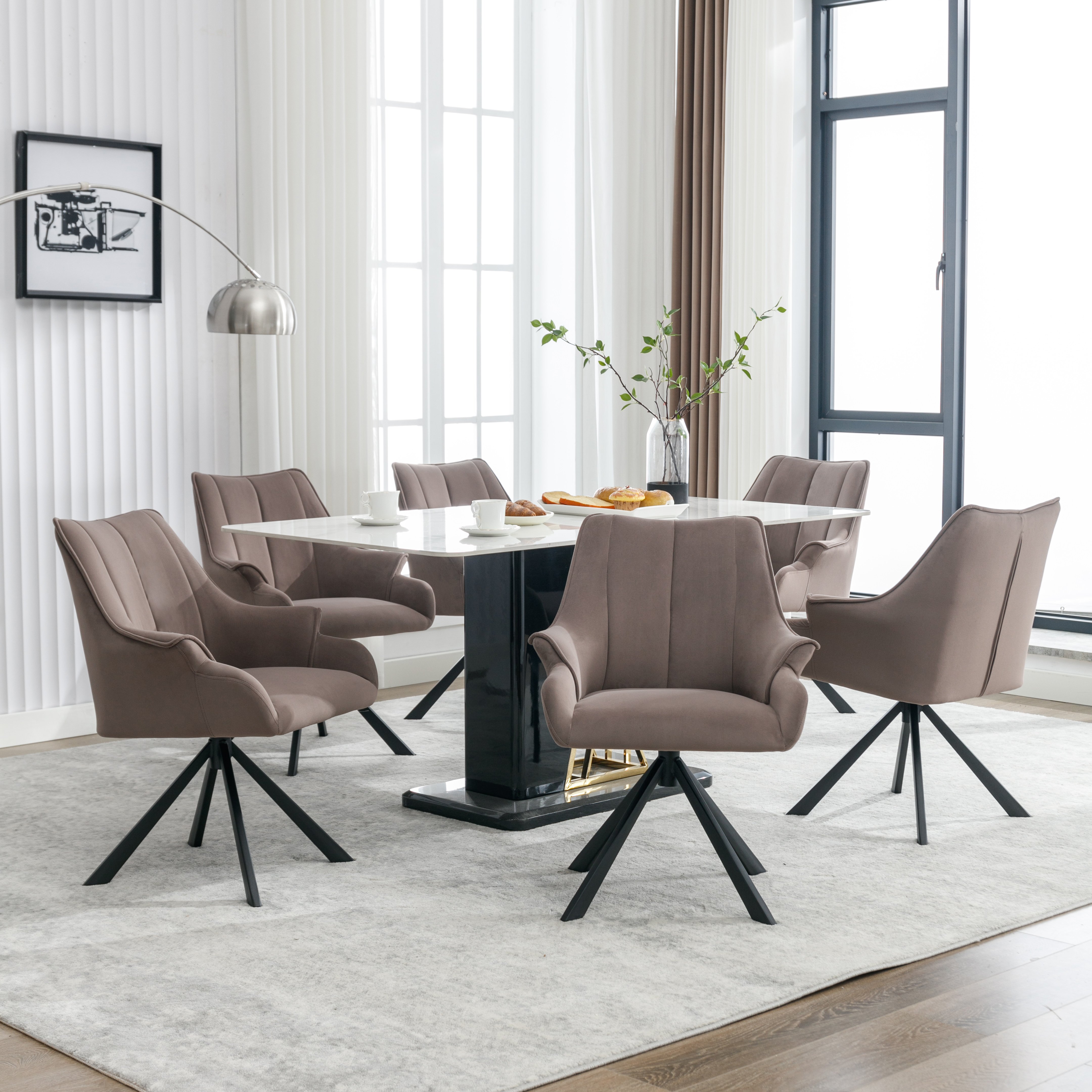 Krzesło do jadalni Flieks zestaw 6 krzeseł obrotowych z metalowymi nogami, tapicerowane krzesło obrotowe 360°, krzesło do salonu, krzesło kuchenne, aksamitne pokrycie, kawowy brąz