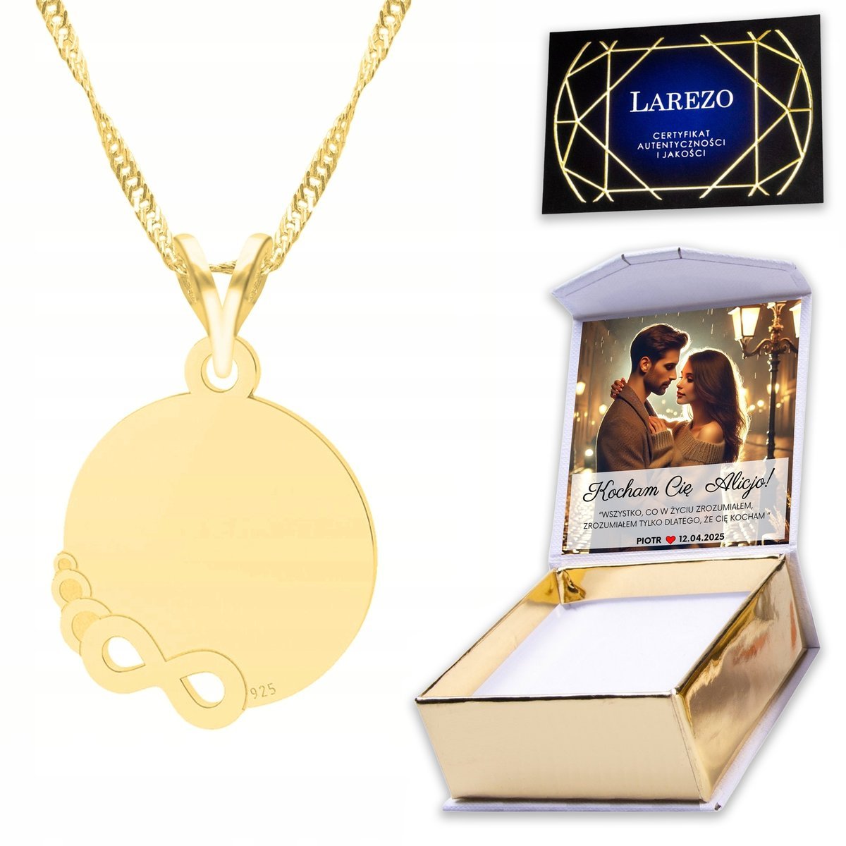 Złoty Naszyjnik 925 z Nieskończonością Osiem Nieskończoność Infinity NADRUK