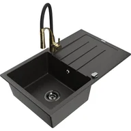 Zlewozmywaki z baterią - Mexen Bruno zlewozmywak granitowy 1-komorowy z ociekaczem i baterią kuchenną Aster, czarny/złoty metalik - miniaturka - grafika 1