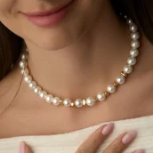 Naszyjniki - Choker/ naszyjnik "Born in the Sea" z białych pereł 10mm i bryłek złotego hematytu- srebro 925 pozłacane - miniaturka - grafika 1