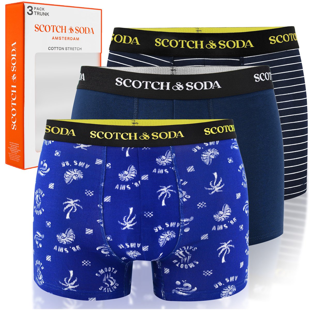 SCOTCH&SODA Bokserki Męskie 3 sztuki Bawełna Paski Wzór Granat Rozmiar S