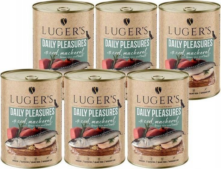 Karma mokra dla psa Luger's Daily Pleasures z dorszem, makrelą, pomidorem i ryżem brązowym zestaw 6 x 400 g