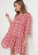 Sukienki - Czerwona Bawełniana Sukienka Rozkloszowana z Falbanką w Ornamentalny Wzór Laneloren - miniaturka - grafika 1