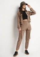 Spodnie sportowe damskie - Brązowy Komplet Dresowy Bluza Rozpinana i Spodnie Slim w Stylu Utility Telavienna - miniaturka - grafika 1