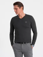 Swetry męskie - Elegancki sweter męski BASIC V-neck z wiskozą - grafitowy V17 OM-SWBS-0107 - Ombre Clothing - miniaturka - grafika 1