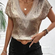 Koszule damskie - TEMU Elegancki top z wycięciem w kształcie litery V dla kobiet, z krótkim rękawem, 100% poliestru, nadrukiem z złotego foliowego papieru, styl na - miniaturka - grafika 1