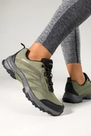 Buty trekkingowe damskie - Zielone buty trekkingowe damskie buty sportowe softshell na bieżnikowanej podeszwie sznurowane czarne wstawki Carla 8046 - miniaturka - grafika 1