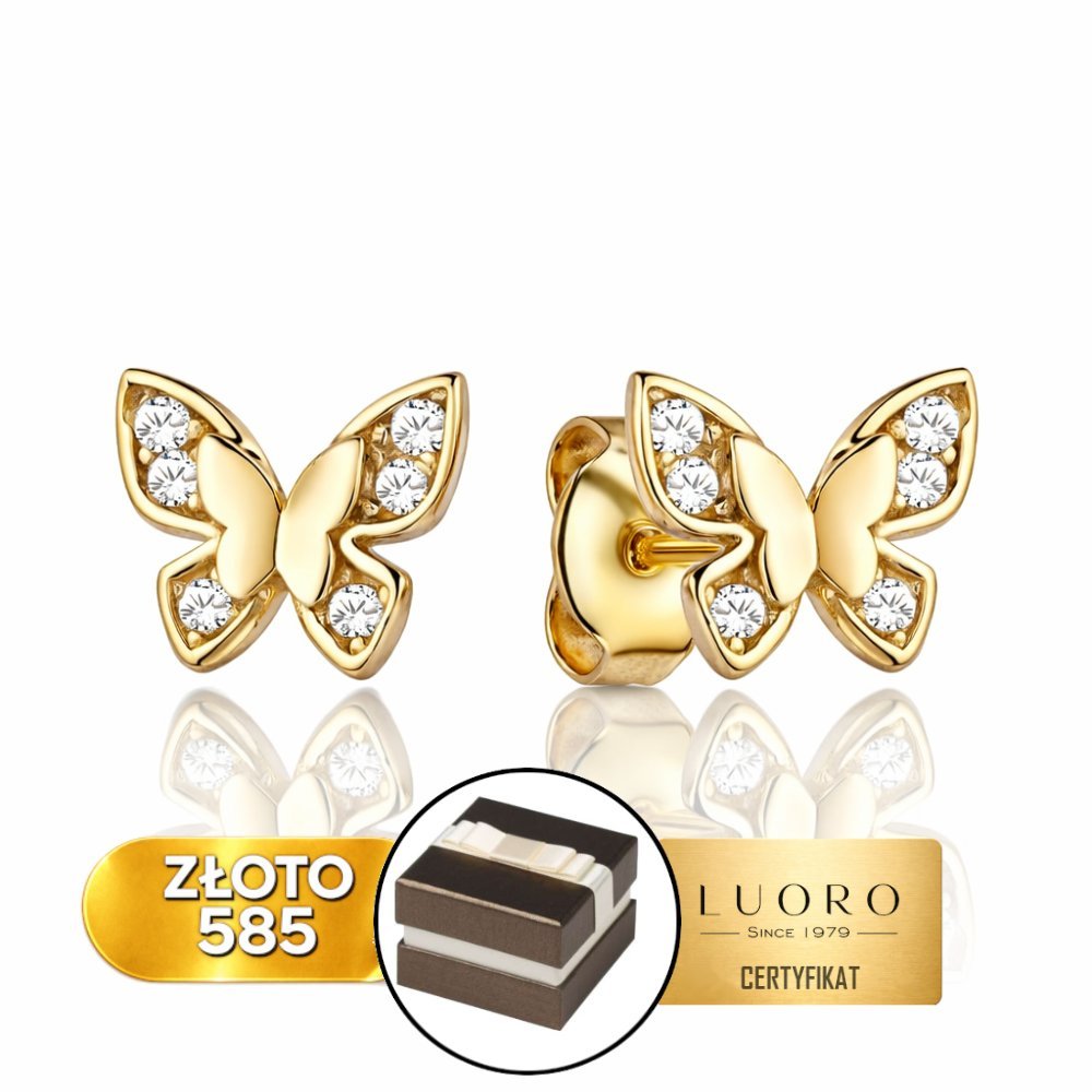 KOLCZYKI ZŁOTE 585 14K MOTYLEK Z CYRKONIĄ 7 MM SZTYFT ELEGANCKIE
