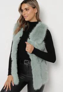 Miętowa Kamizelka Futrzana z Wstawkami z Ekoskóry Batliewa - Kamizelki damskie - miniaturka - grafika 1