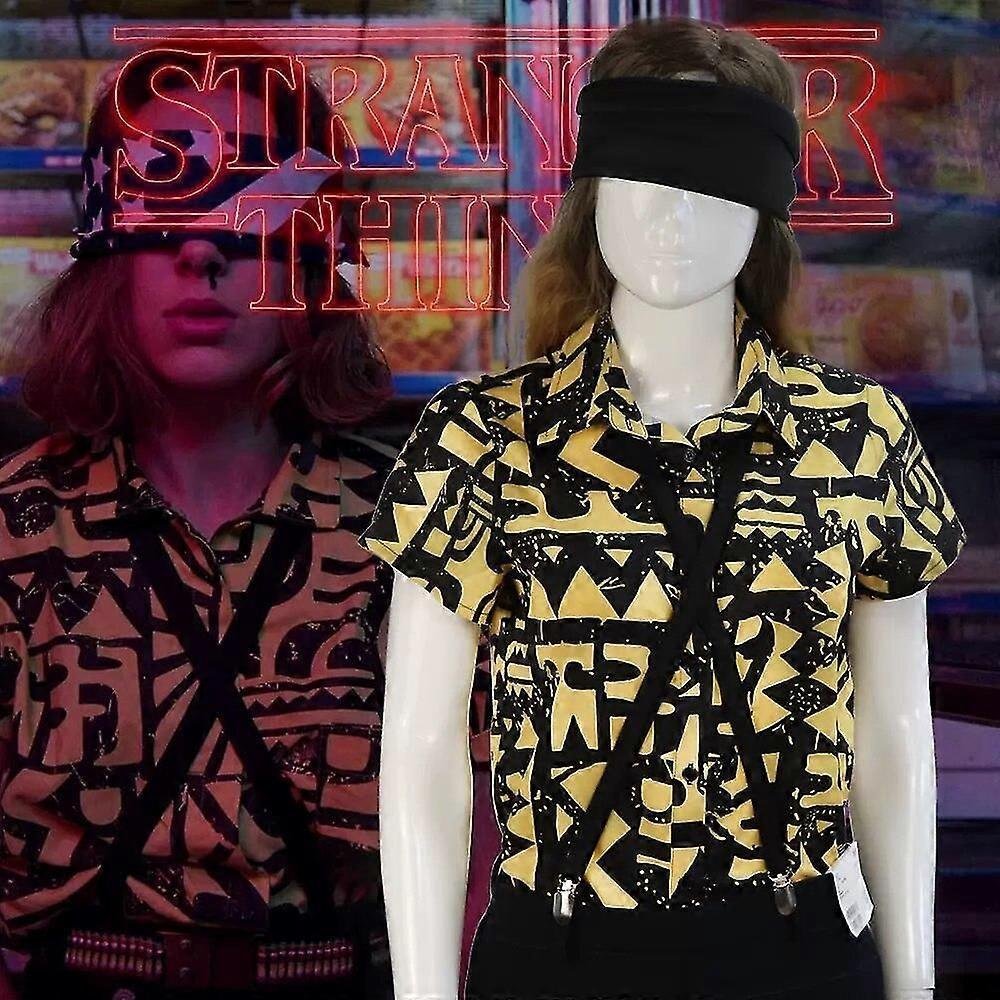 Snniv Strangestory Stranger Things Eleven Kostium cosplayowy 3d Print Żółta bluzka z krótkim rękawem Mężczyźni Kobiety Opaska na oczy Suspender Cos...