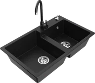 Zlewozmywaki z baterią - Mexen Tomas zlewozmywak granitowy 2-komorowy z baterią kuchenną Telma, czarny - 6516-77-670200-70 - miniaturka - grafika 1