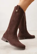 Botki damskie - Brązowe Ażurowe Botki Kowbojki z Geometryczną Ozdobą Naeraste - miniaturka - grafika 1