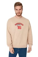 Bluzy męskie - Trendyol Męska bluza z okrągłym dekoltem i napisem, BEŻOWY, XL - miniaturka - grafika 1