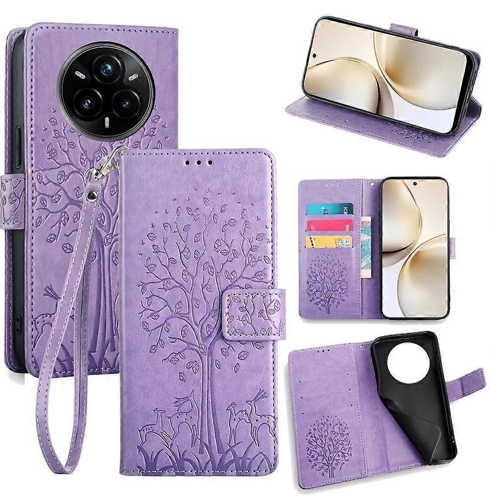 Dla Realme 14 Pro 5G Etui PU Skórzany Portfel Pokrowiec na Telefon Drzewo Jeleń Nadrukowany - Fioletowy Wielobarwny Purple