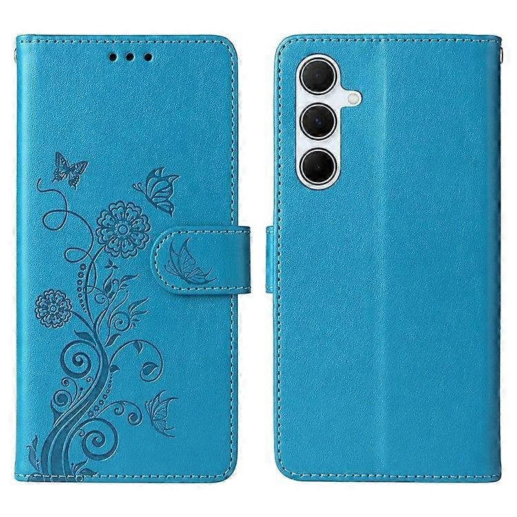 Do Samsung Galaxy A36 5G Skórzane etui Butterfly Floral Imprint Portfel Stand Cover Niebieski