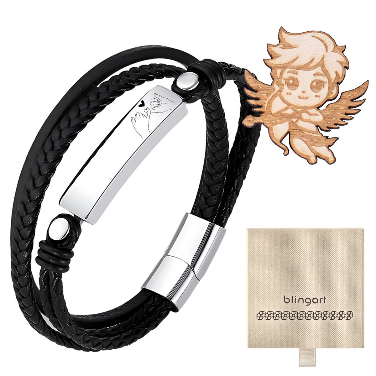 Bransoletka męska z grawerem potrójna czarna skóra