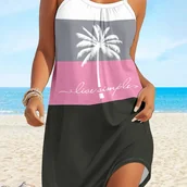 Sukienki - TEMU Bezrękawnikowa Sukienka Plażowa z Nadrukiem Palm - Ombre Szaro-Różowy Dwukolor, Luźny Krój do Kolanów, Pranie w Pralce & Oddychająca na Letnie - miniaturka - grafika 1