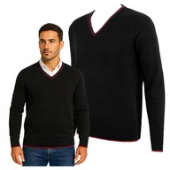 Swetry męskie - Czarny Sweter Męski w Serek z Czerwonym Wykończeniem Bawełna Akryl XXL 2XL - miniaturka - grafika 1
