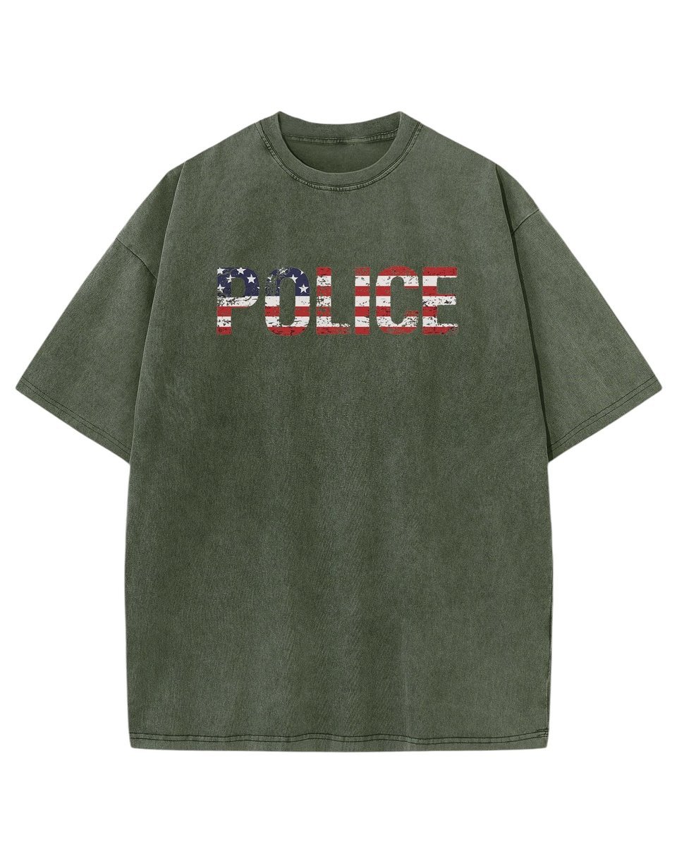 Męska koszulka oversize efekt sprania z napisem Policja USA Khaki M