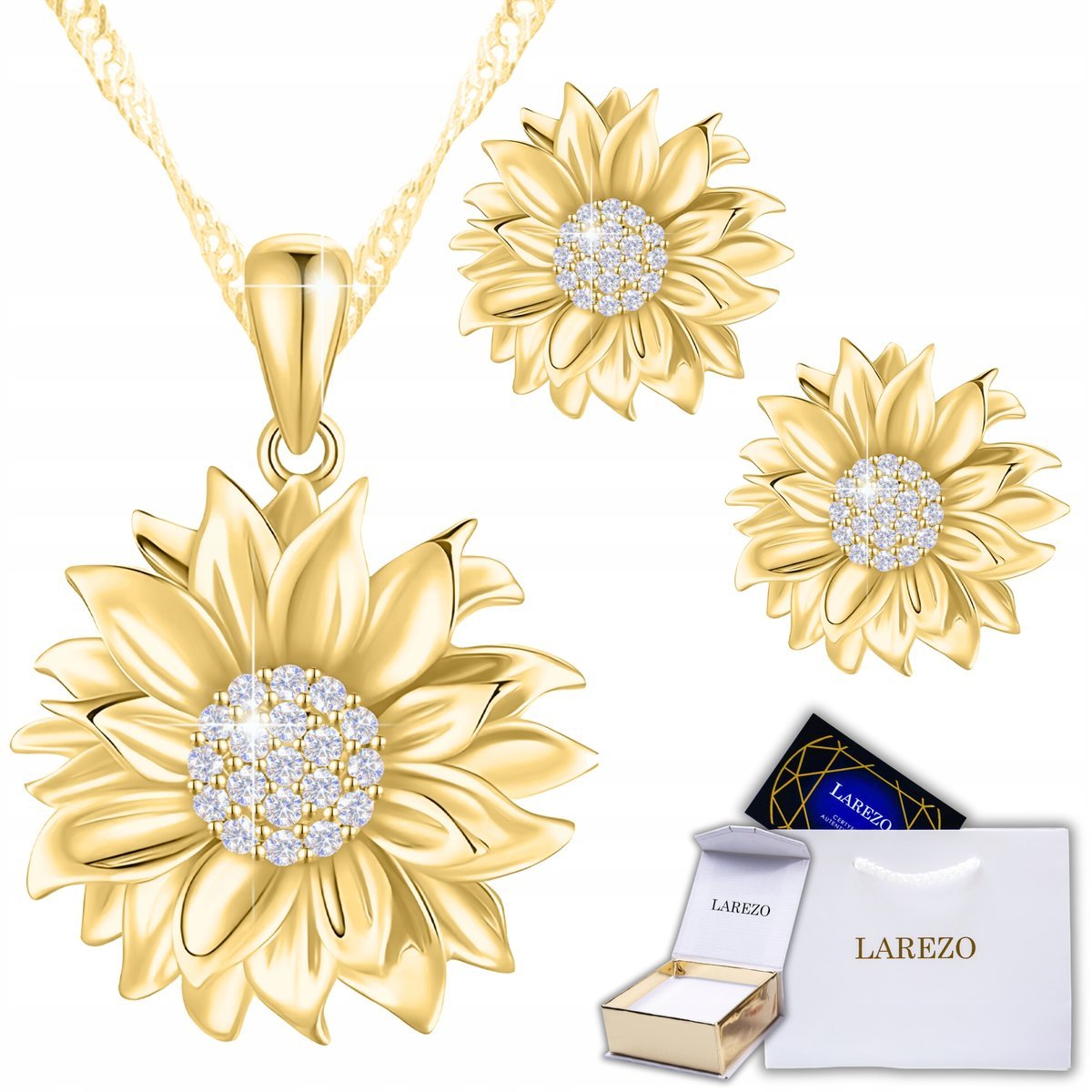 Zestaw Złote Kolczyki i Złoty Naszyjnik Kwiatek Słonecznik POZŁACANY 585