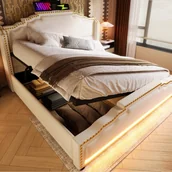 Meble do sypialni - Łóżko z wyściełaną skrzynią na pościel 160 x 200 cm - z ładowaniem USB i diodą LED w nogach łóżka - beżowe - miniaturka - grafika 1