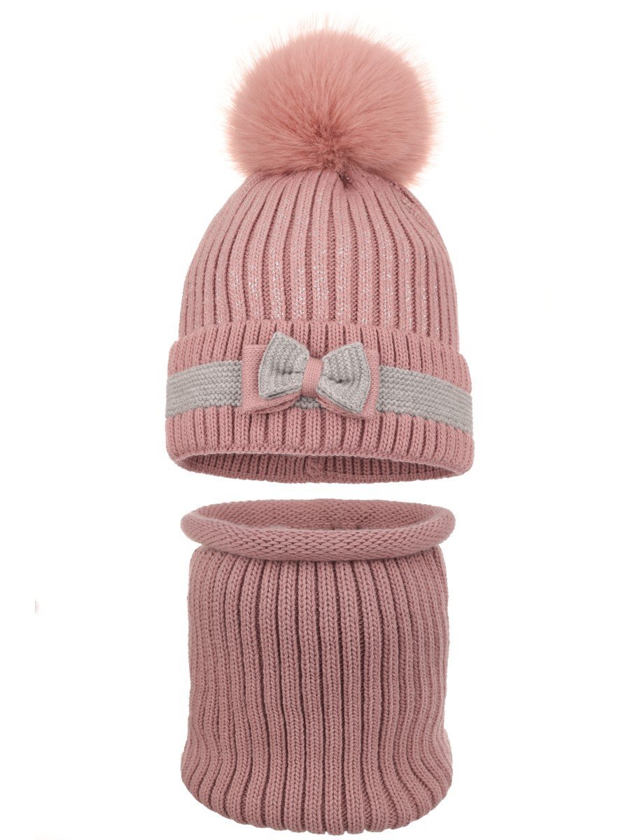 Dziewczęcy komplet zimowy komin i czapka z kokardką różowy Ambra r.46/48