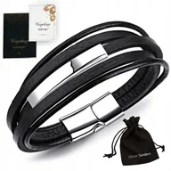 Bransolety męskie - Skórzana Bransoletka Męska Czarna Skóra Srebrna Grawer - miniaturka - grafika 1