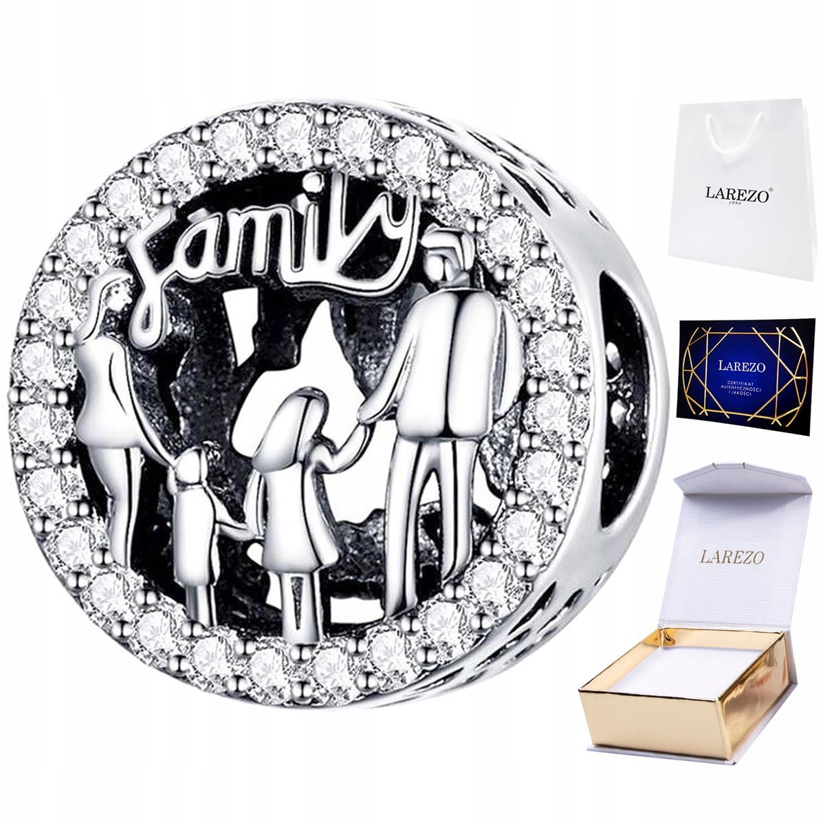 CHARMS SREBRNY Koralik Rodzina Napis Family Miłość z Cyrkoniami SREBRO 925