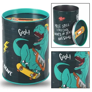 Skate Dinozaur Metalowa skarbonka, okrągła skarbonka dla dzieci - Skarbonki - miniaturka - grafika 1