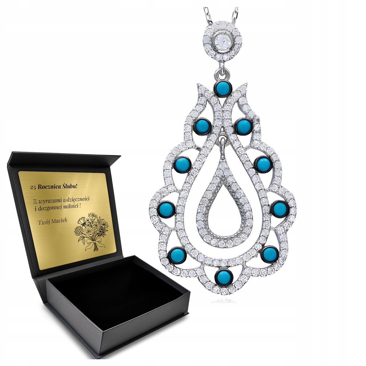 Naszyjnik Srebrny 925 Ażurowy Tulipan Z Turkusem Cyrkoniami Turecki Grawer