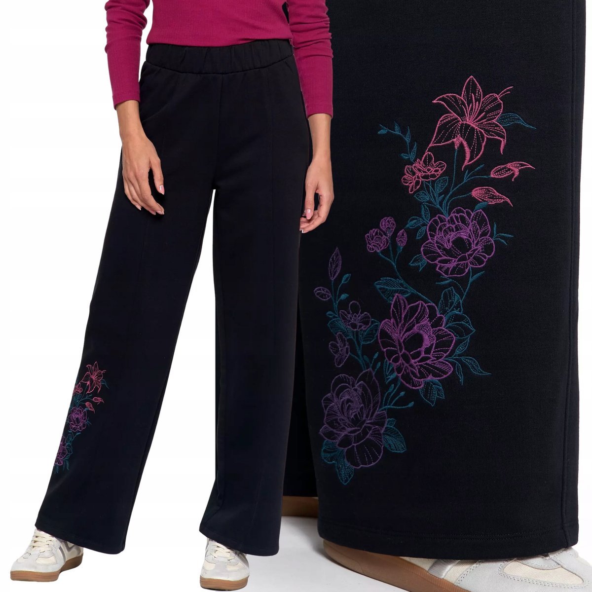 SPODNIE DAMSKIE DRESOWE OCIEPLANE Z SZEROKĄ NOGAWKĄ I HAFTEM MORAJ L BLACK